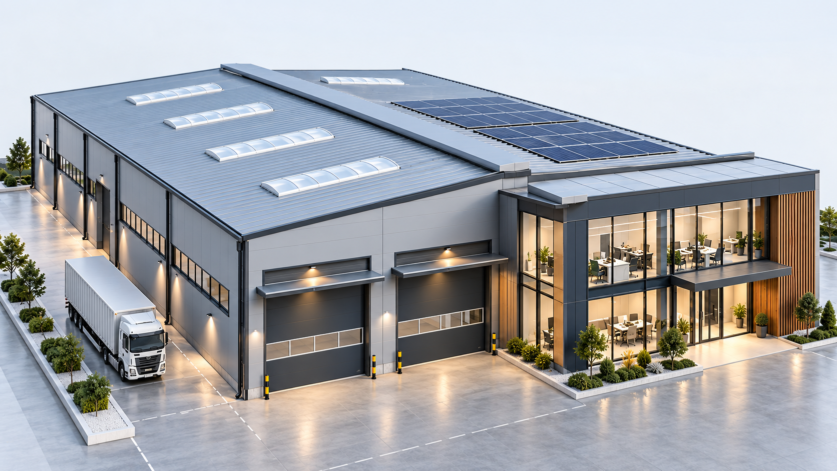 Modern industrial building with sandwich panel envelope, integrated windows and daylight systems