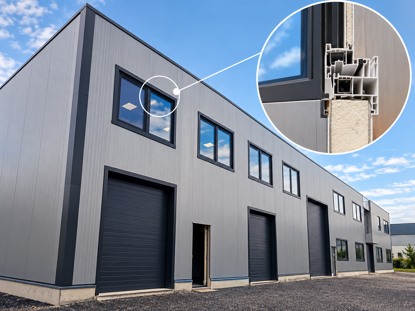 Windows integrated into a sandwich panel facade