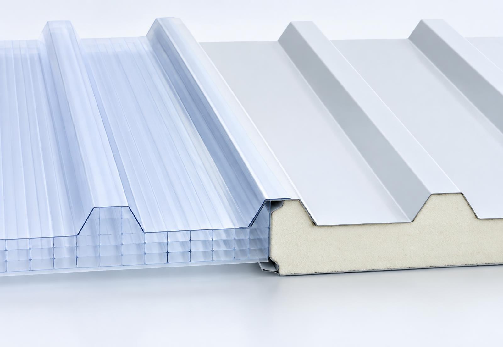 Polycarbonate daylight panel aligned with a matching-profile sandwich panel